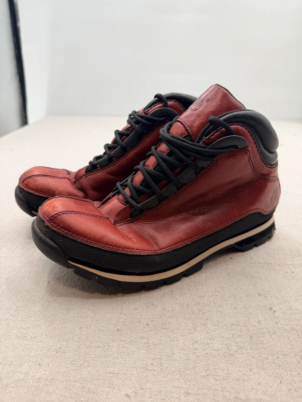 Timberland Men's Red Leather Hiking Boots with Black Trim